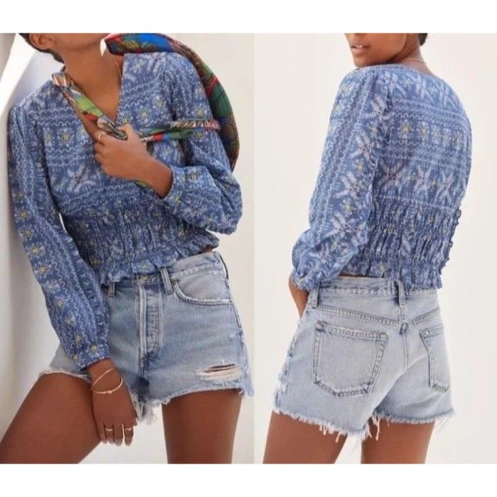 Anthropologie Forever That Girl Milkmaid Embroidered Aztec Blouse Top Sz M